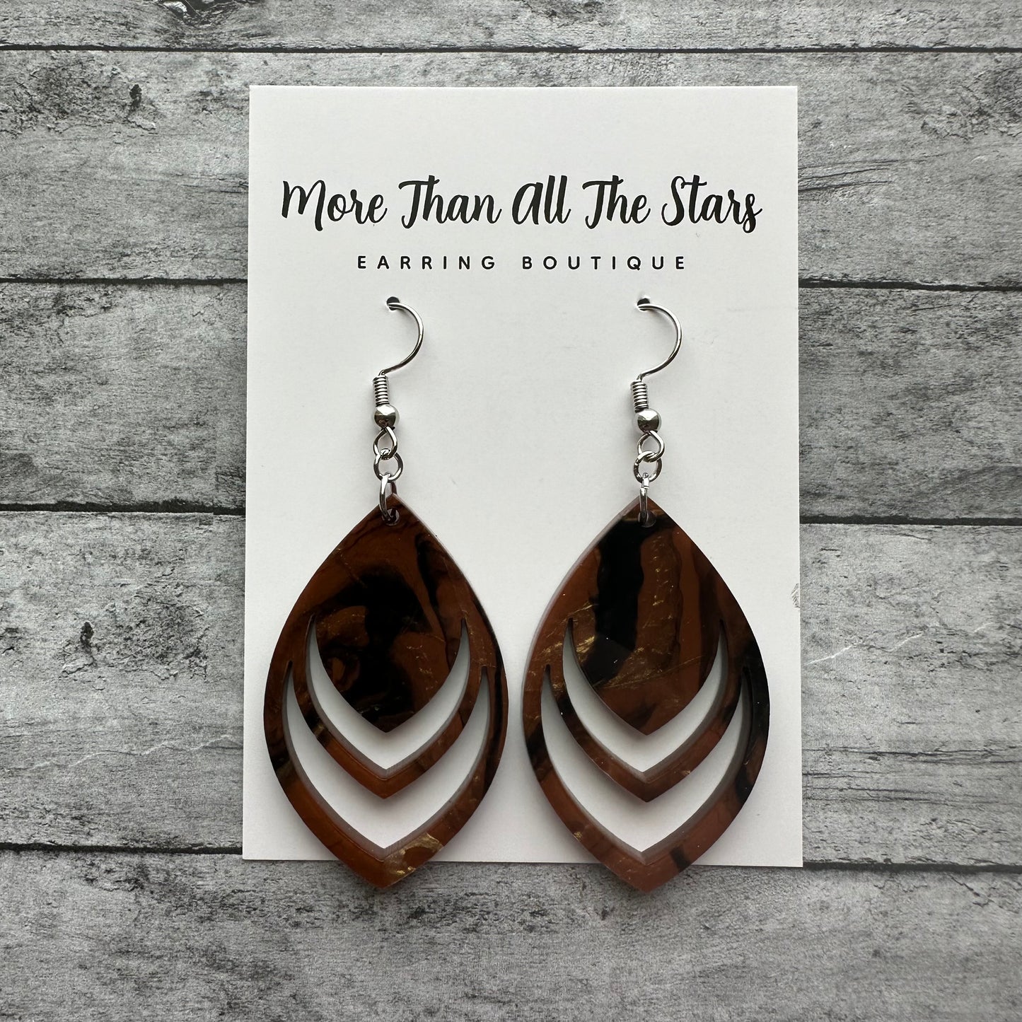 Brown and Gold Paint Pour Cutout Petal Earrings