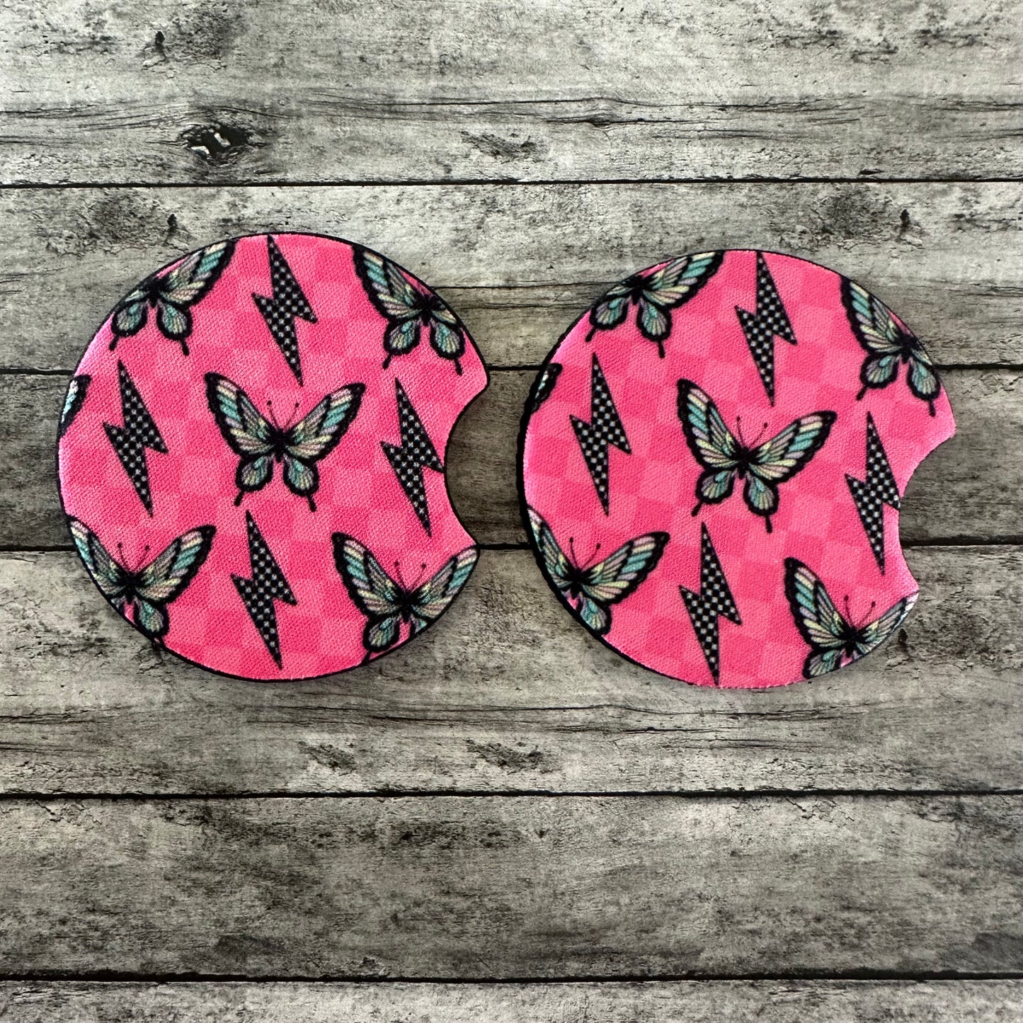 Pink Butterfly Neoprene Car Coaster