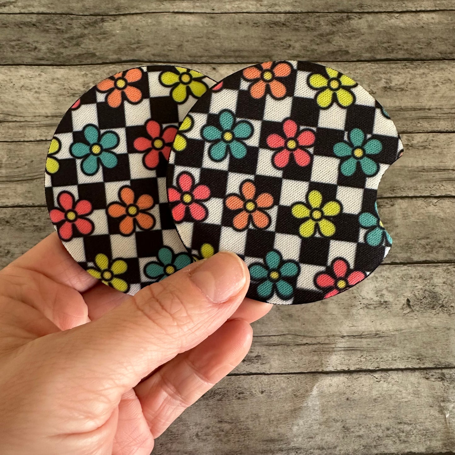 Checkered Bright Flower Neoprene Car Coaster