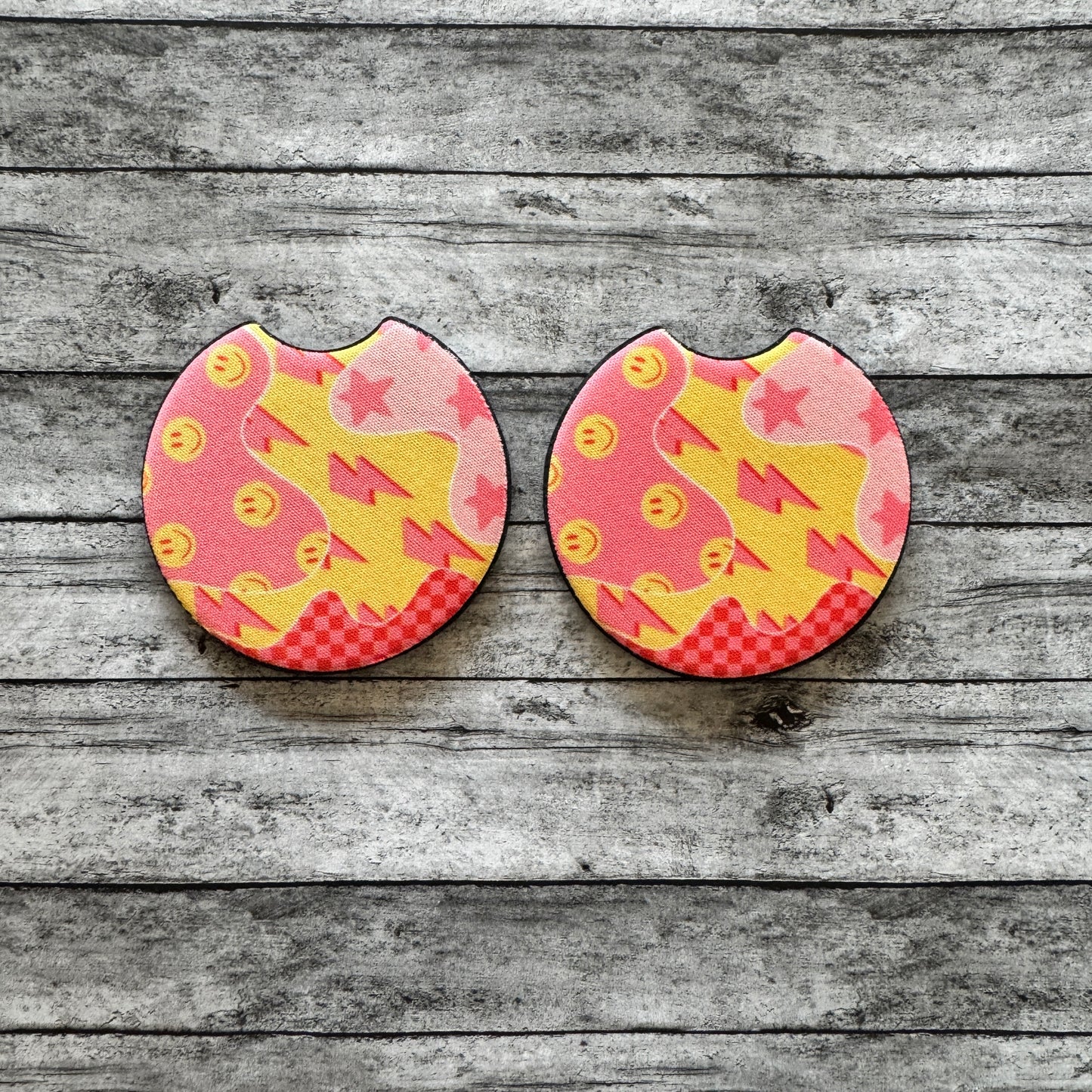 Pink and Yellow Smiley Neoprene Car Coaster
