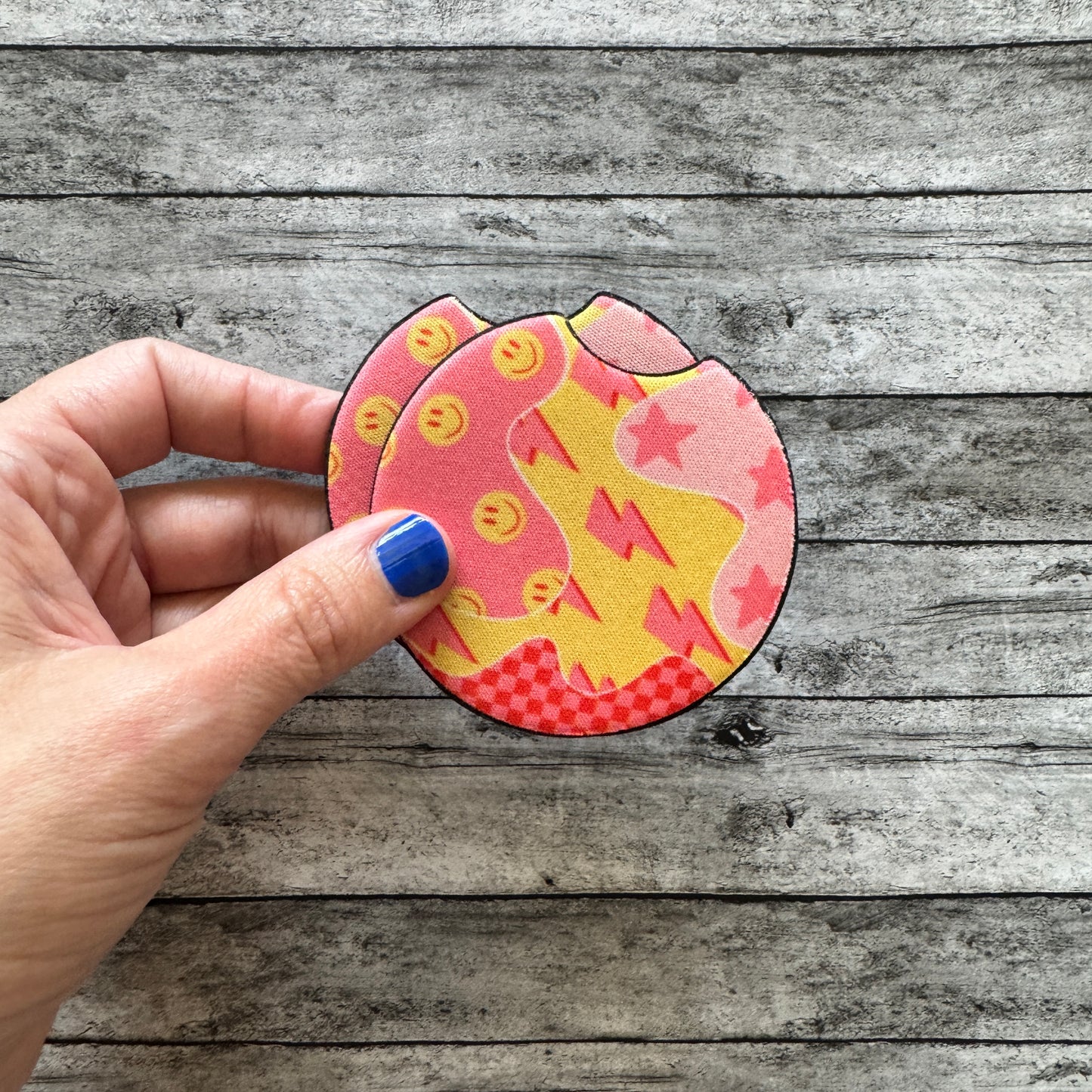 Pink and Yellow Smiley Neoprene Car Coaster