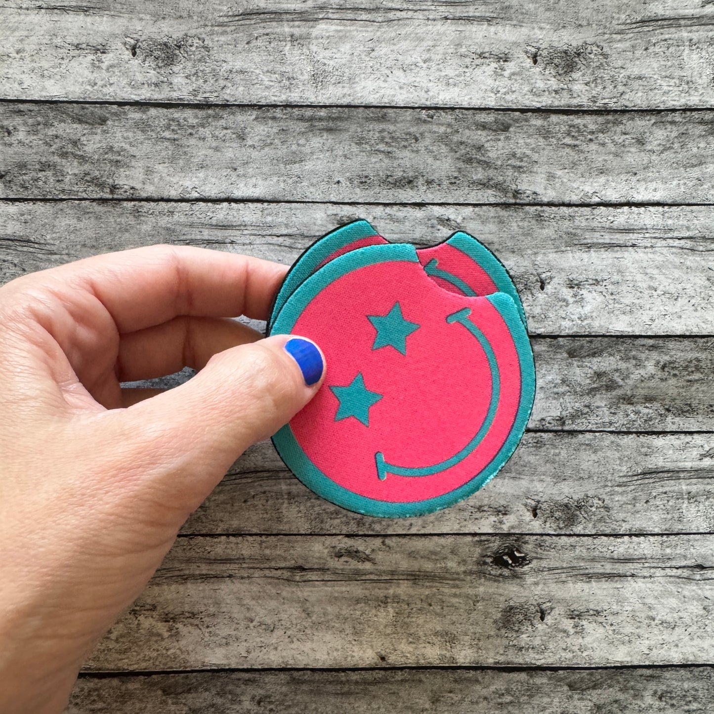 Pink and Teal Smiley Neoprene Car Coaster