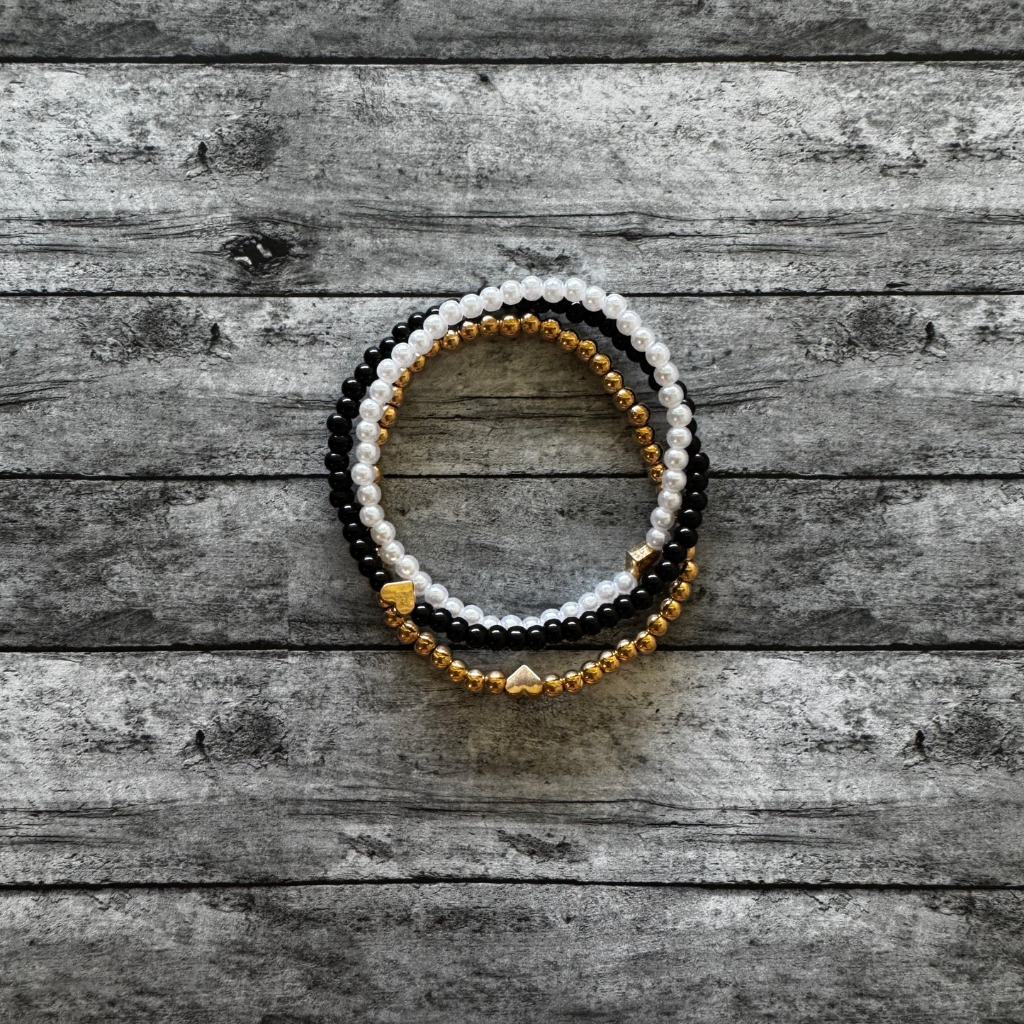 Black, Pearl, Gold with Hearts 3 Bracelet Set