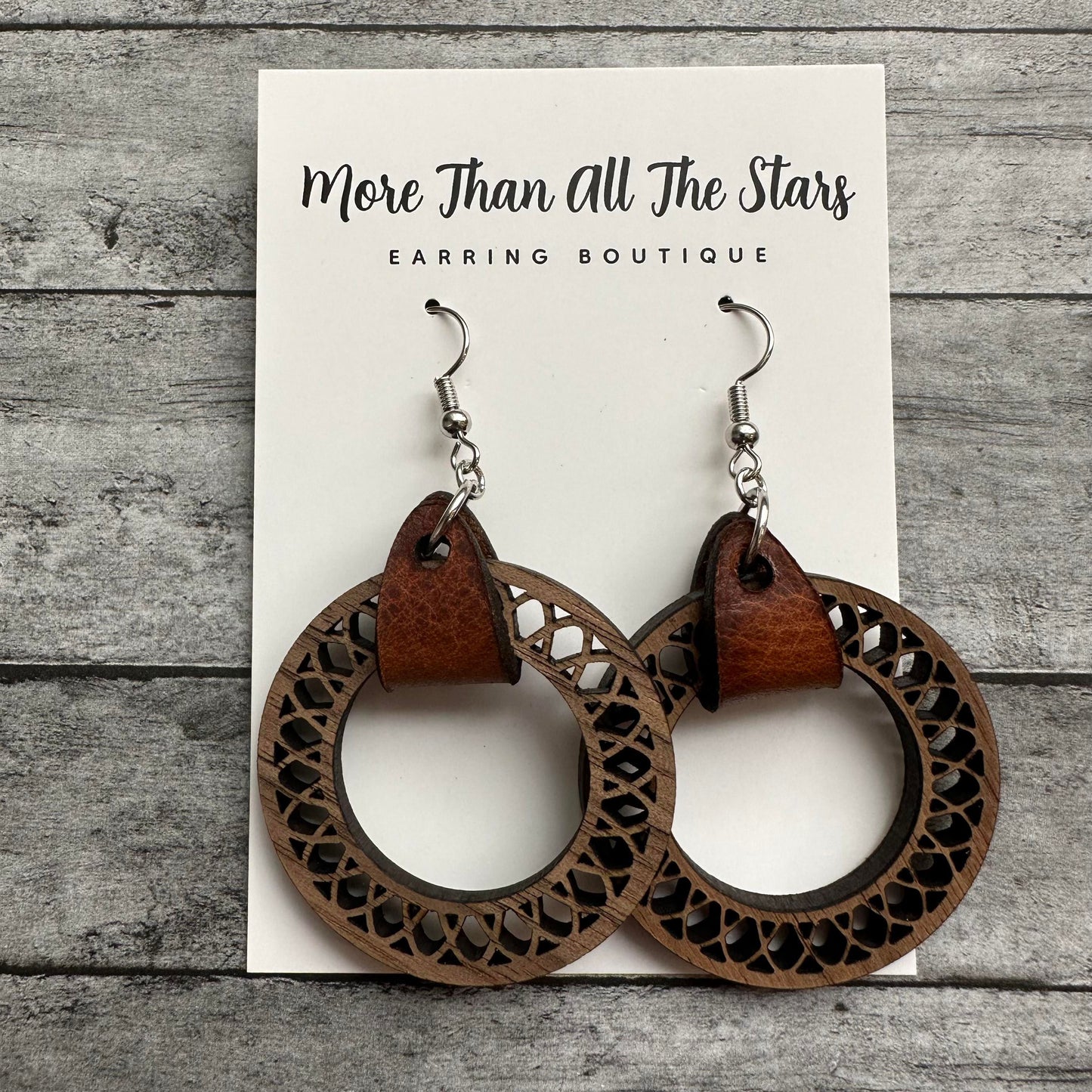 Intricate Hoop Wood and Leather Earrings