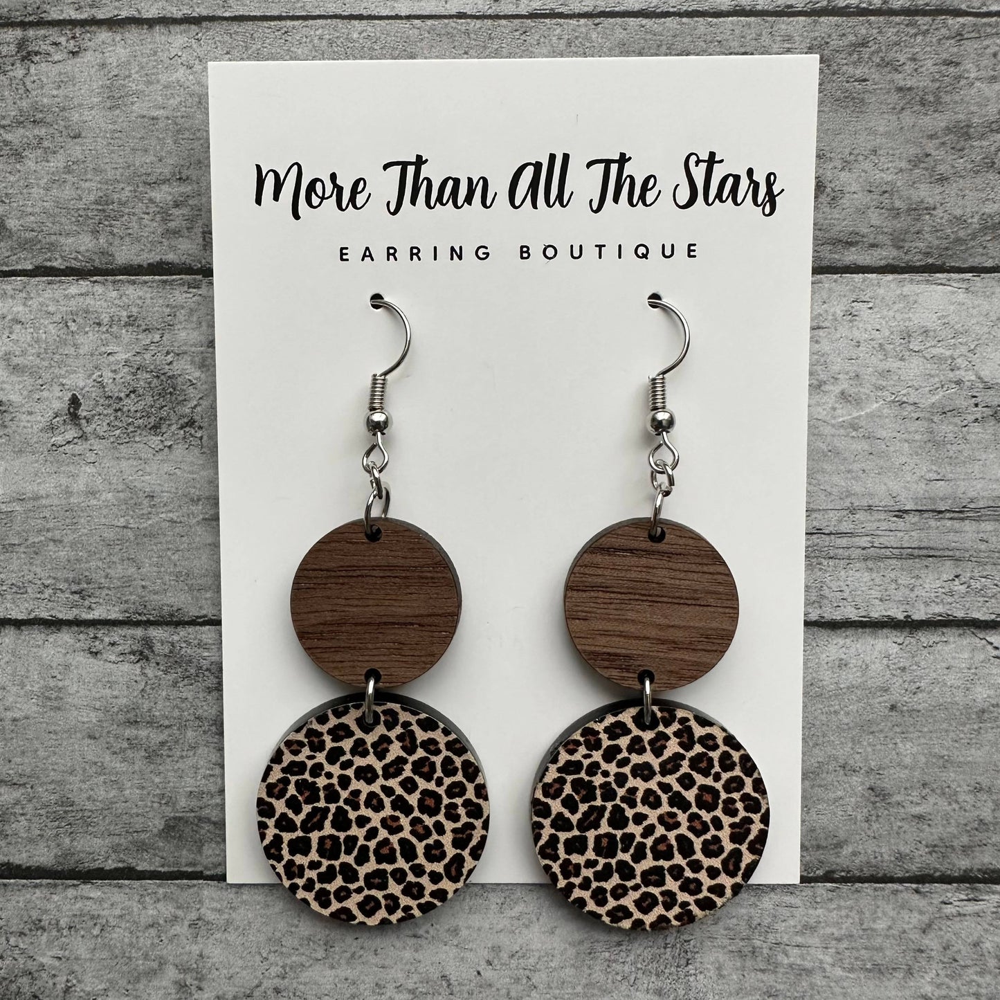 Leopard and Wood Circle Earrings