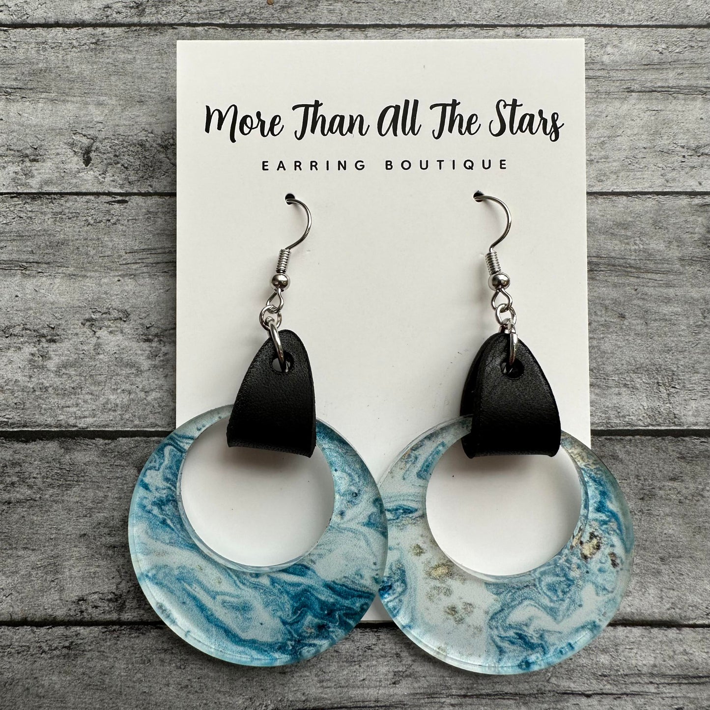 Blue Marble Acrylic and Leather Earrings