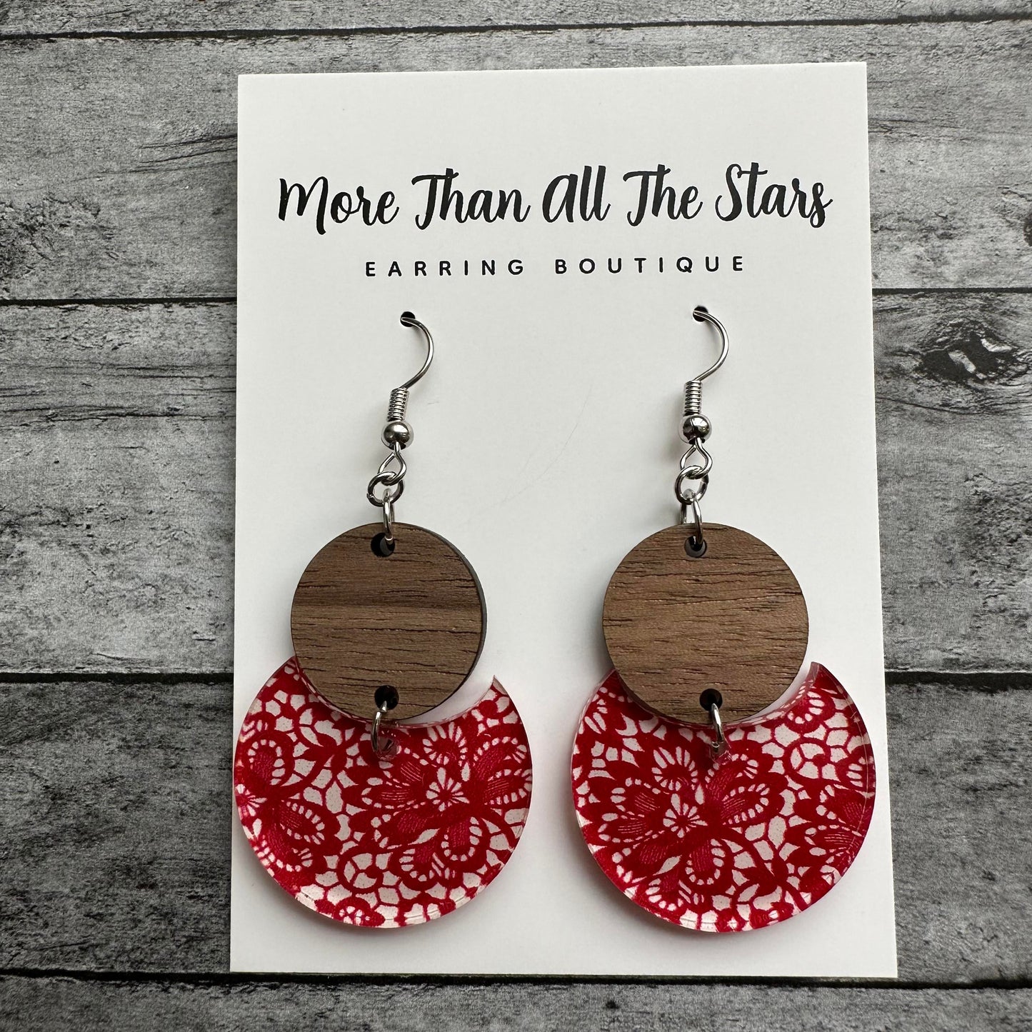 Red Lace Crescent Circle Earrings