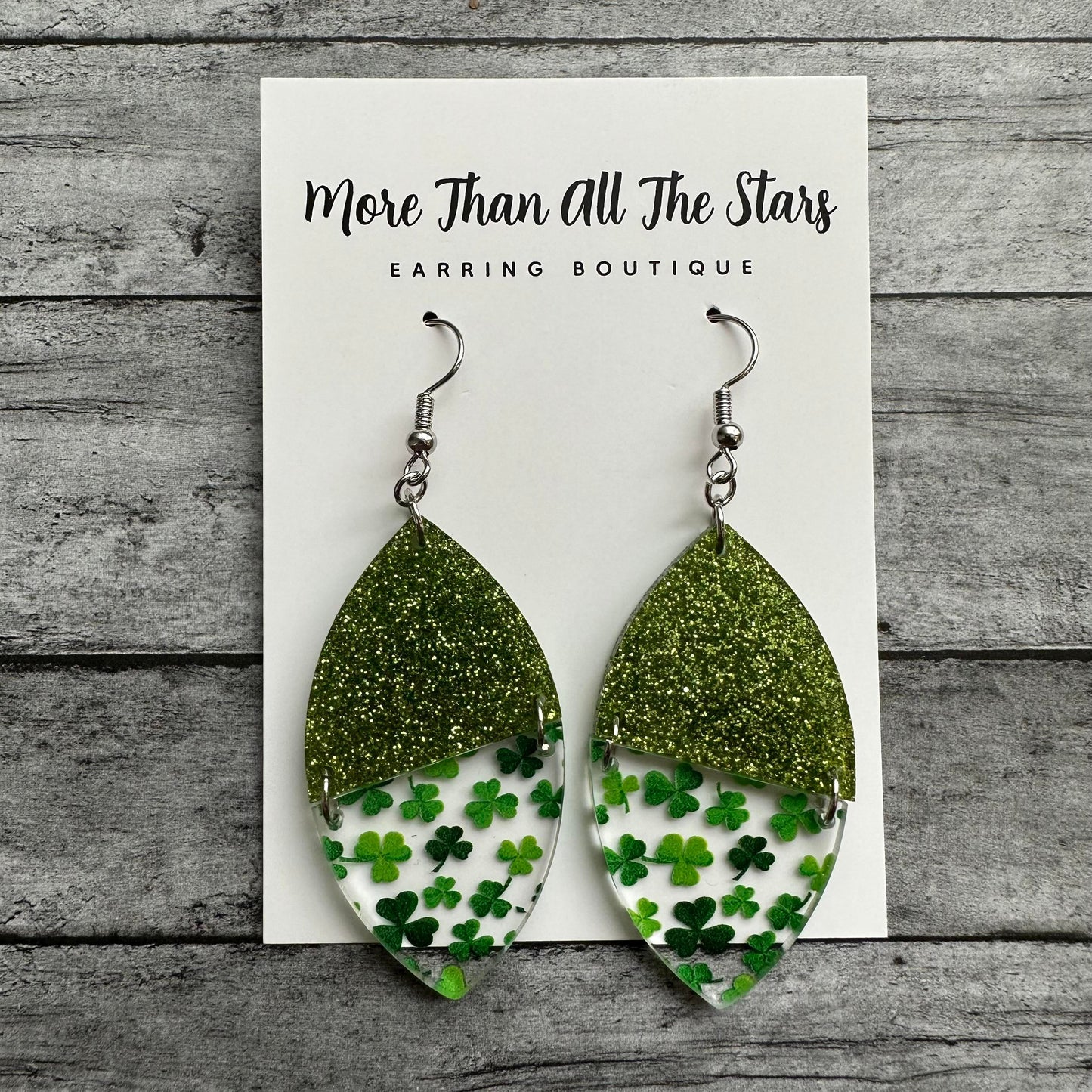 St. Patrick's Day Glitter and Shamrock Petal Earrings