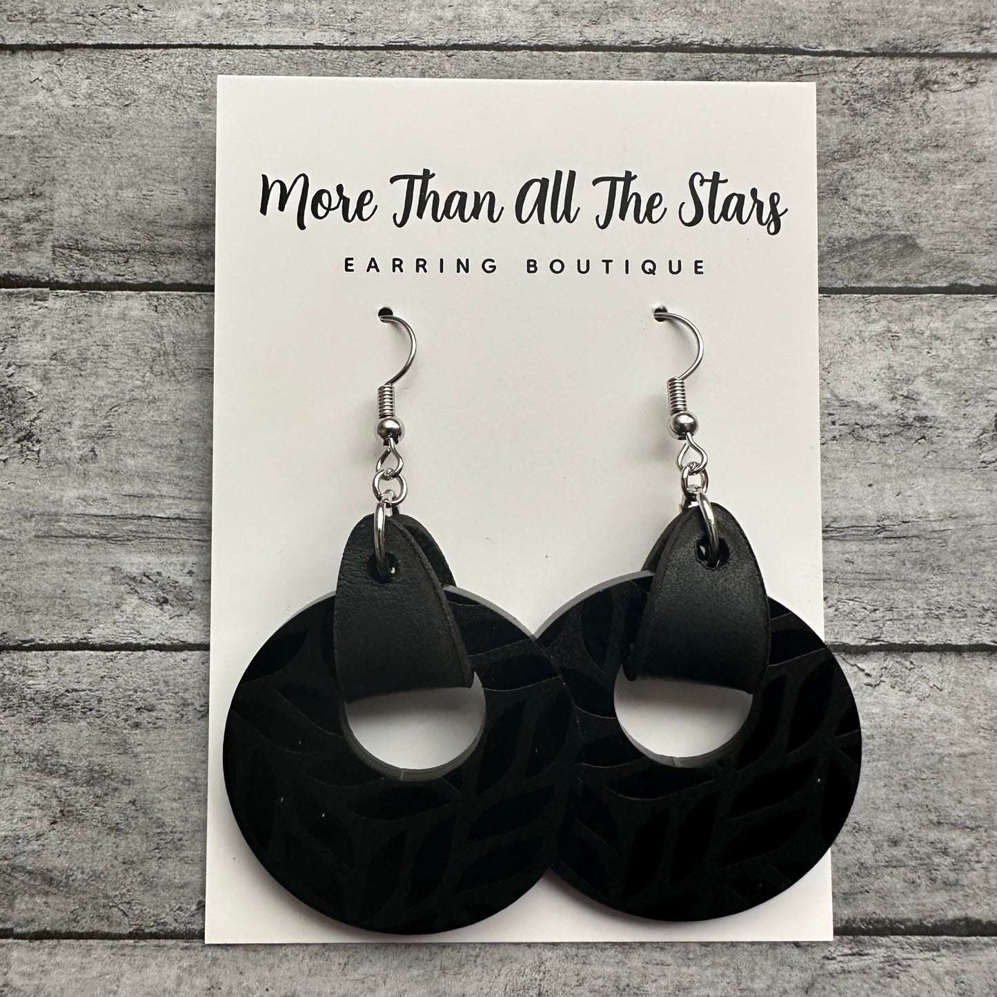 Black Leaves Acrylic and Leather Earrings