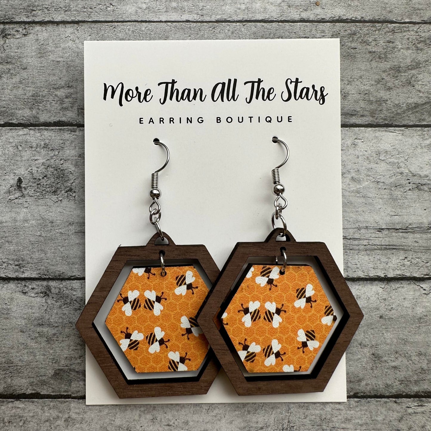 Wood Frame Hexagon Bee Earrings