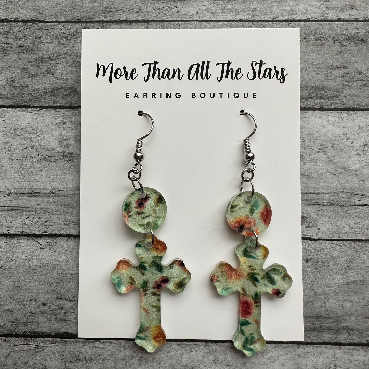 Easter Green Floral Cross Earrings