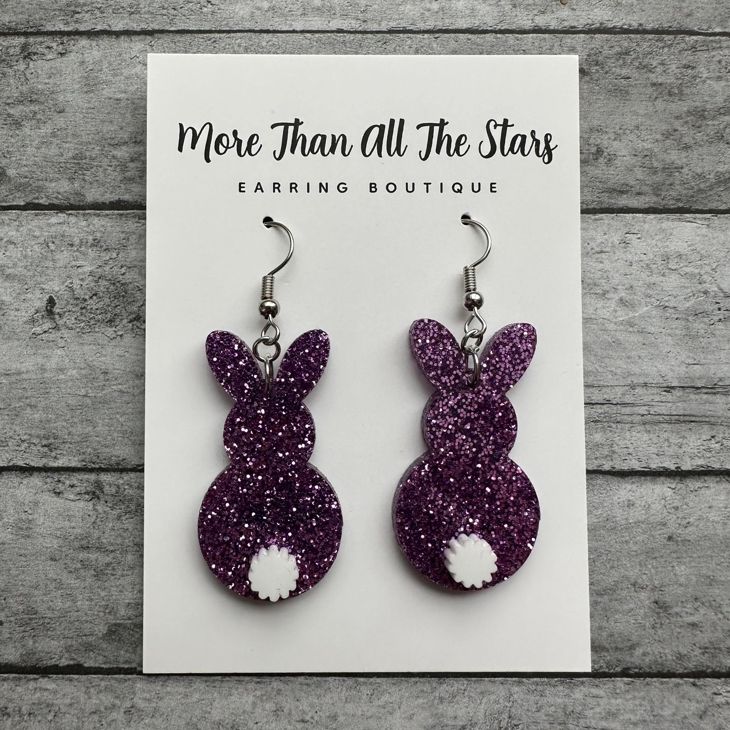 Easter Purple Glitter Bunny With Fluffy Tail Earrings