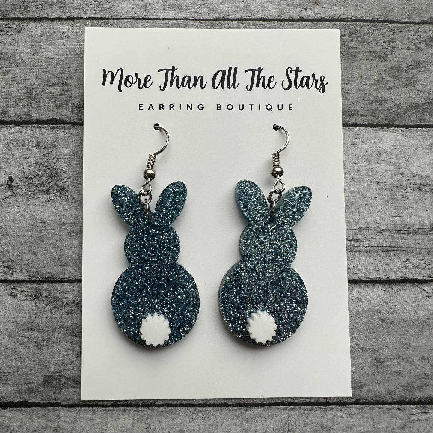 Easter Blue Glitter Bunny With Fluffy Tail Earrings