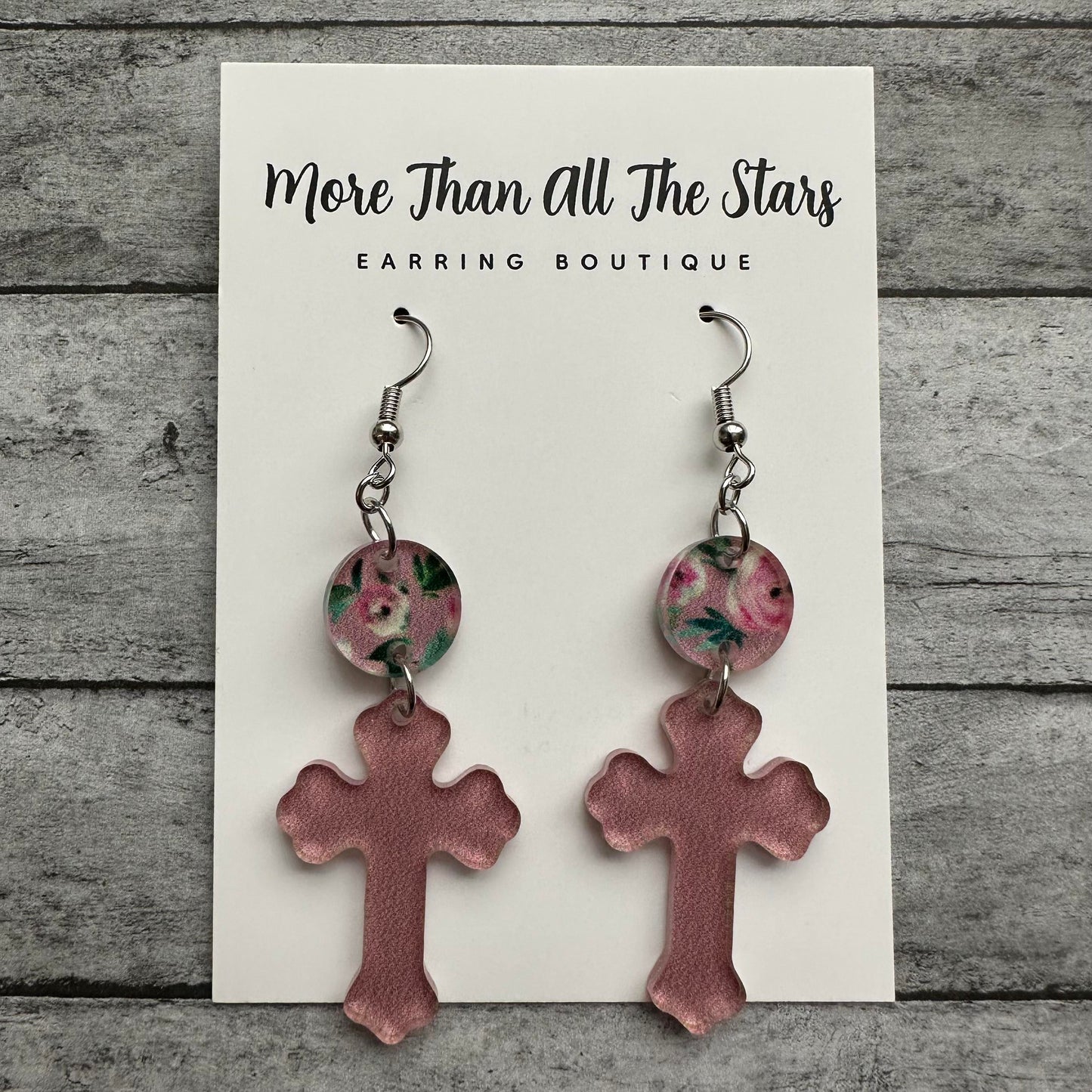 Easter Pink Floral Cross Earrings