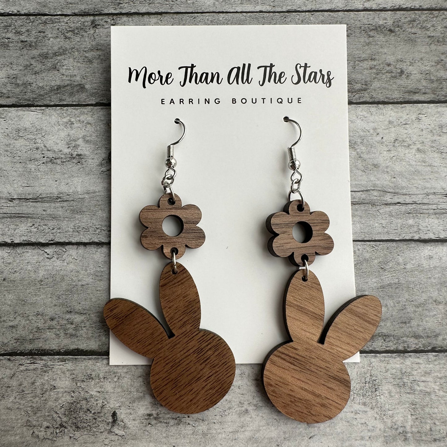 Easter Wood Bunny Flower Earrings