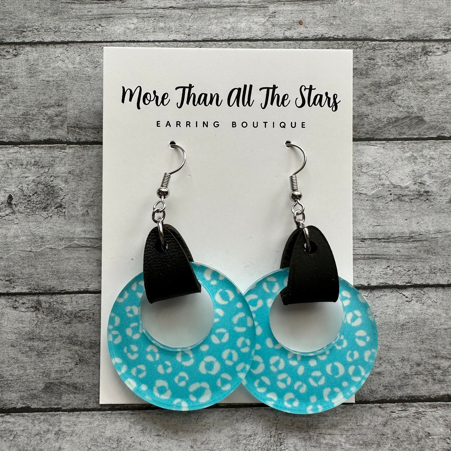 White and Blue Leopard Leather and Acrylic Earrings