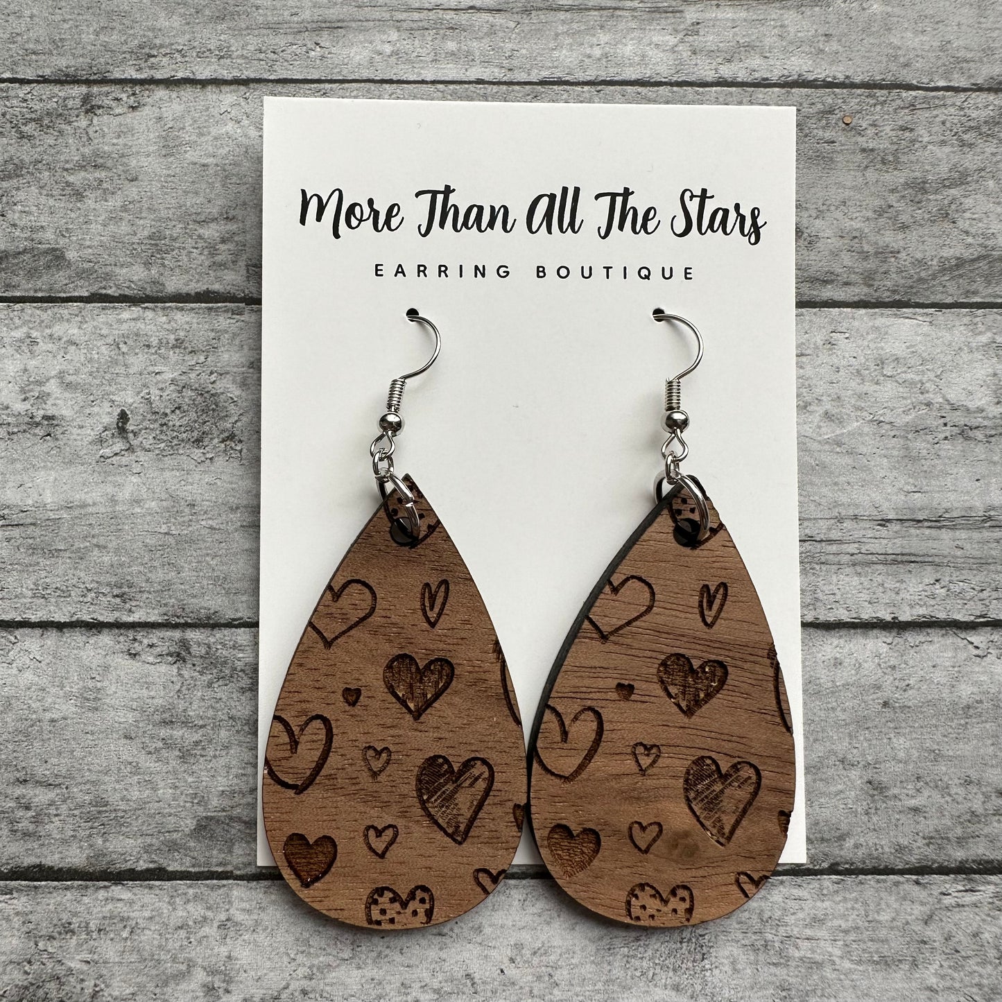 Engraved Multi Heart Wood Earrings
