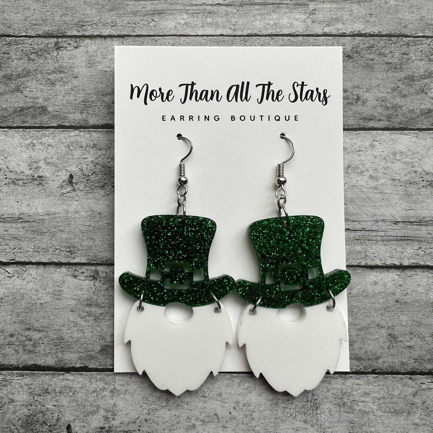 St. Patrick's Day Glitter Leprechaun White Beard Earrings
