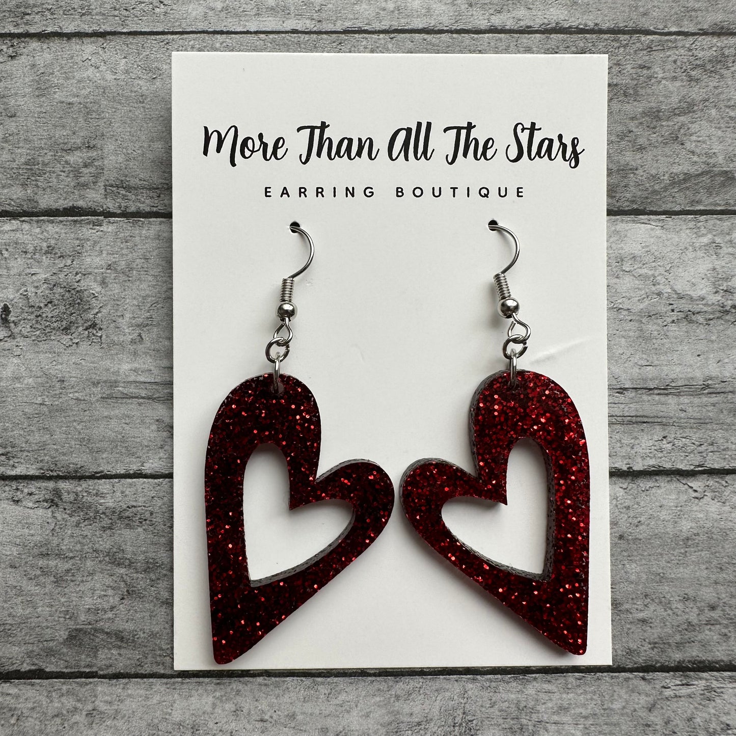 Valentine's Day Red Glitter Cutout Heart Earrings