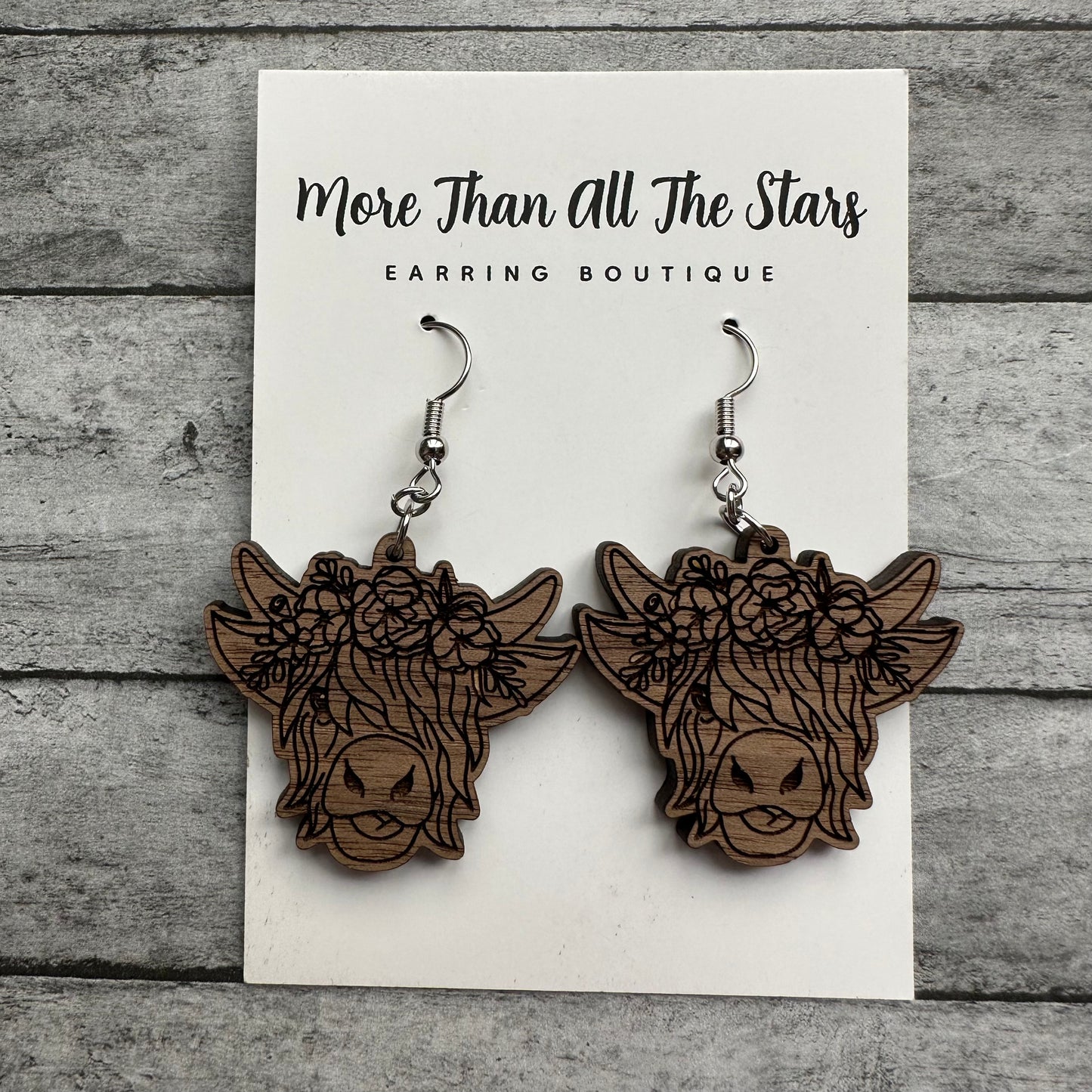 Floral Highland Cow Earrings