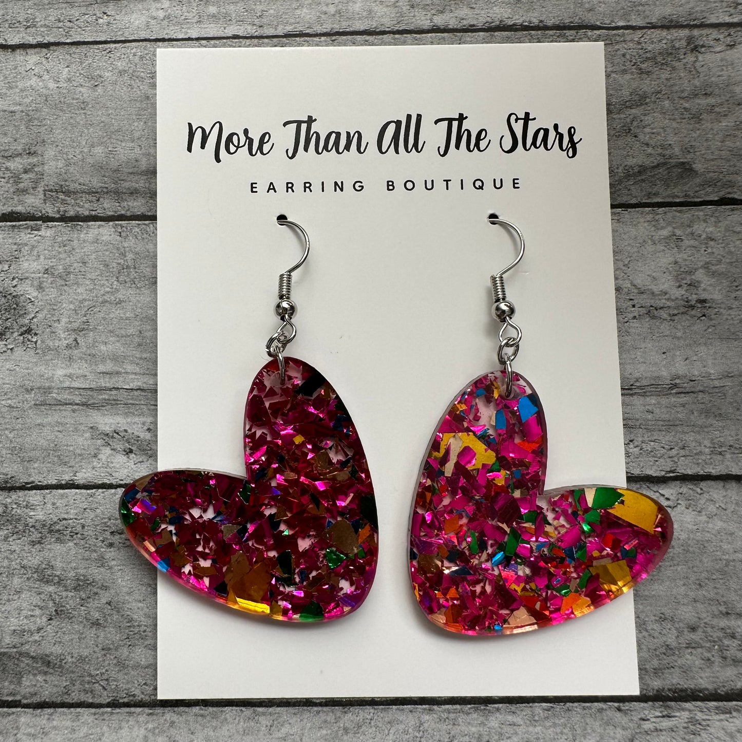 Valentine's Day Pink Confetti Glitter Heart Earrings