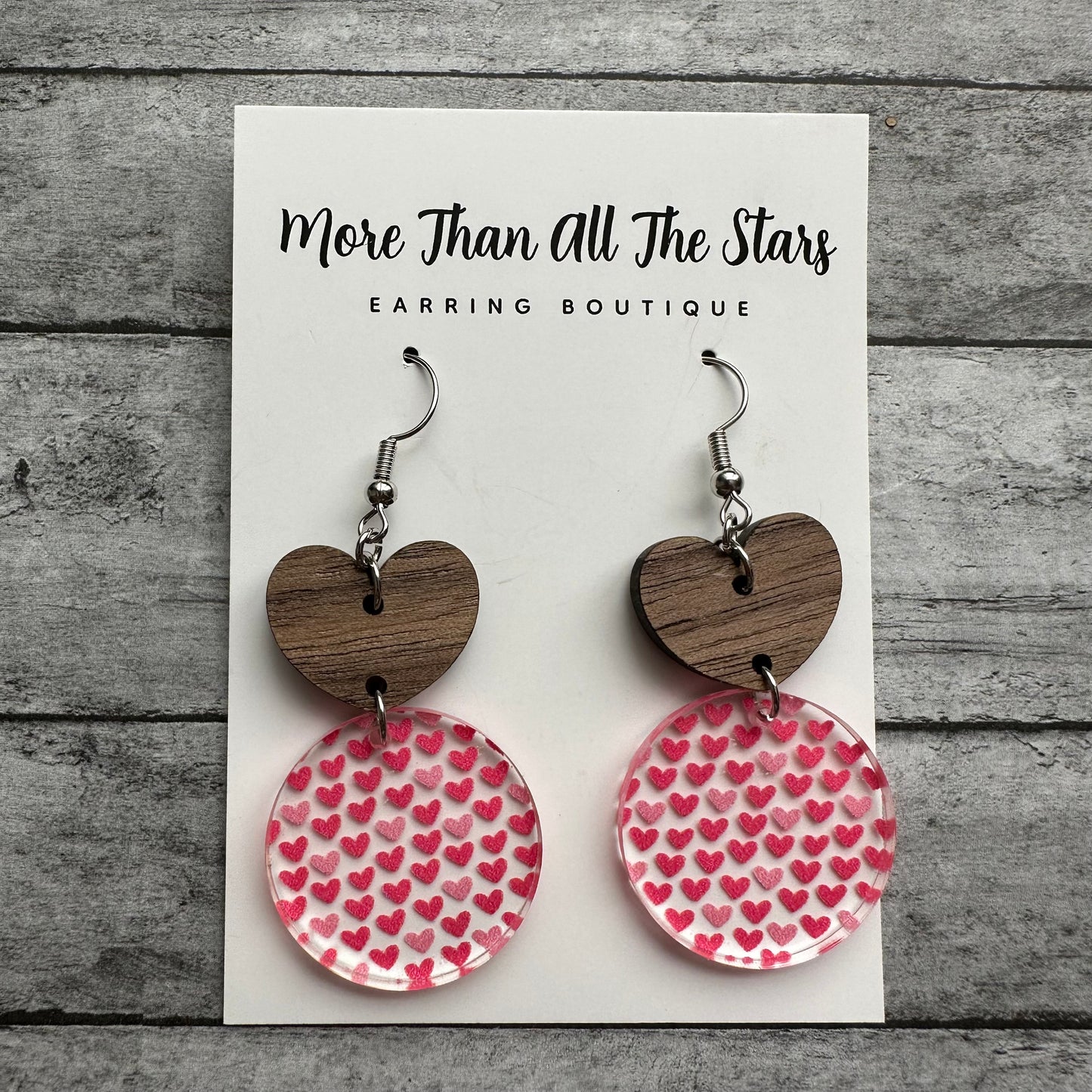 Valentine's Day Mini Pink Hearts and Wood Heart Earrings