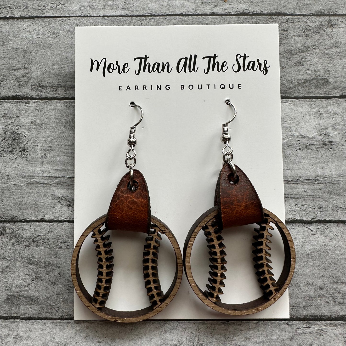 Baseball Wood and Leather Earrings