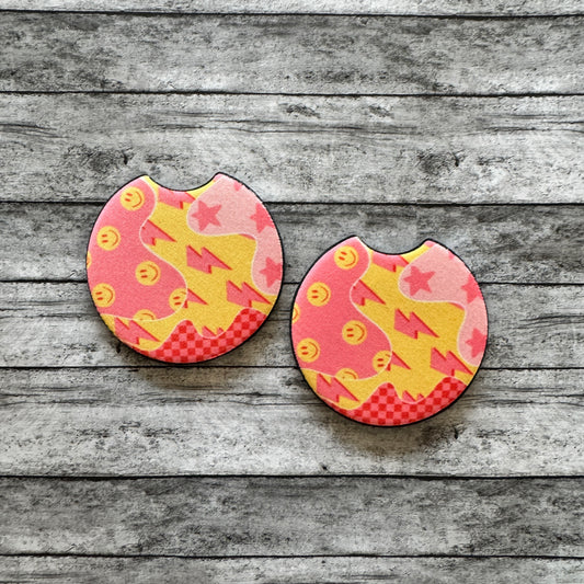 Pink and Yellow Smiley Neoprene Car Coaster