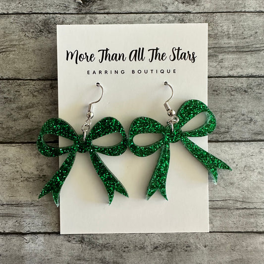 Green Glitter Bow Earrings