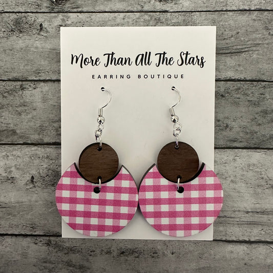 Pink Plaid Crescent Circle Earrings