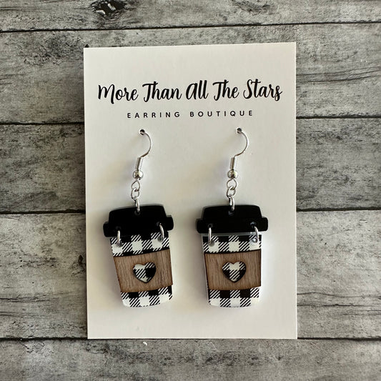 Mini Black and White Plaid Coffee Earrings