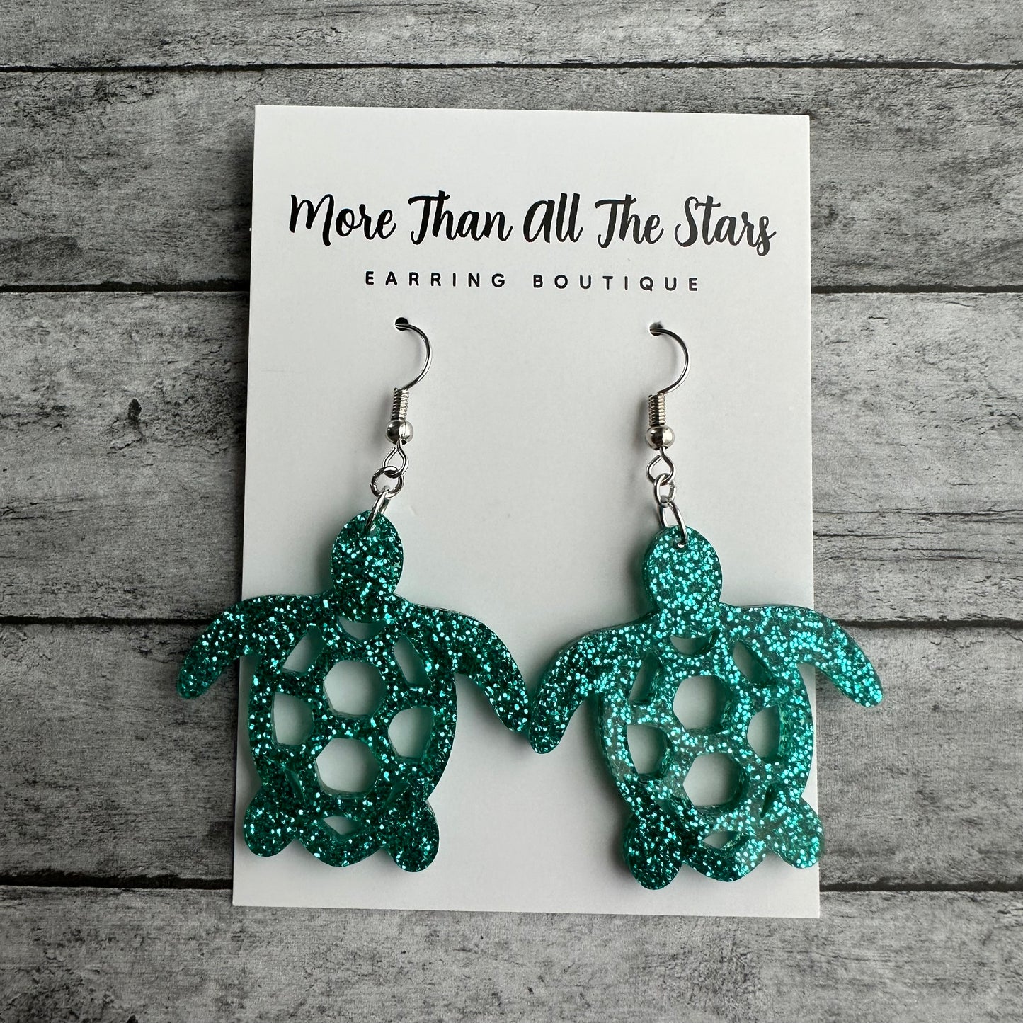 Teal Glitter Turtle Earrings