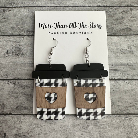 Black and White Plaid Coffee Cup Earrings