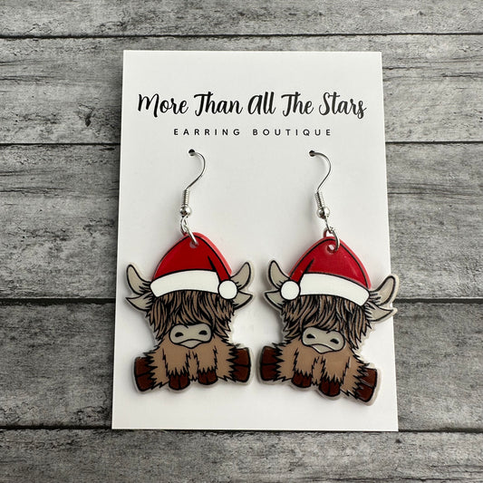 Santa Highland Cow Earrings