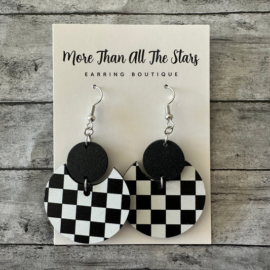 Black and White Checkered Crescent Circle Earrings