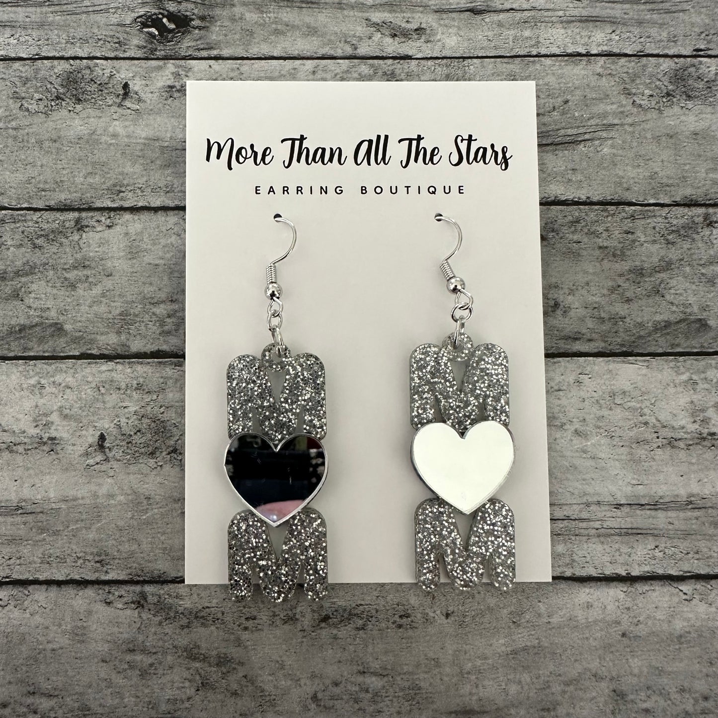 Silver Mom Heart Earrings