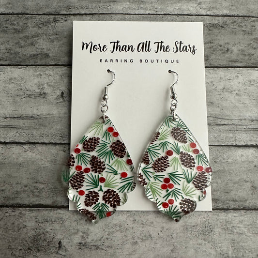 Pinecone Holly Berry Ruffle Teardrop Earrings