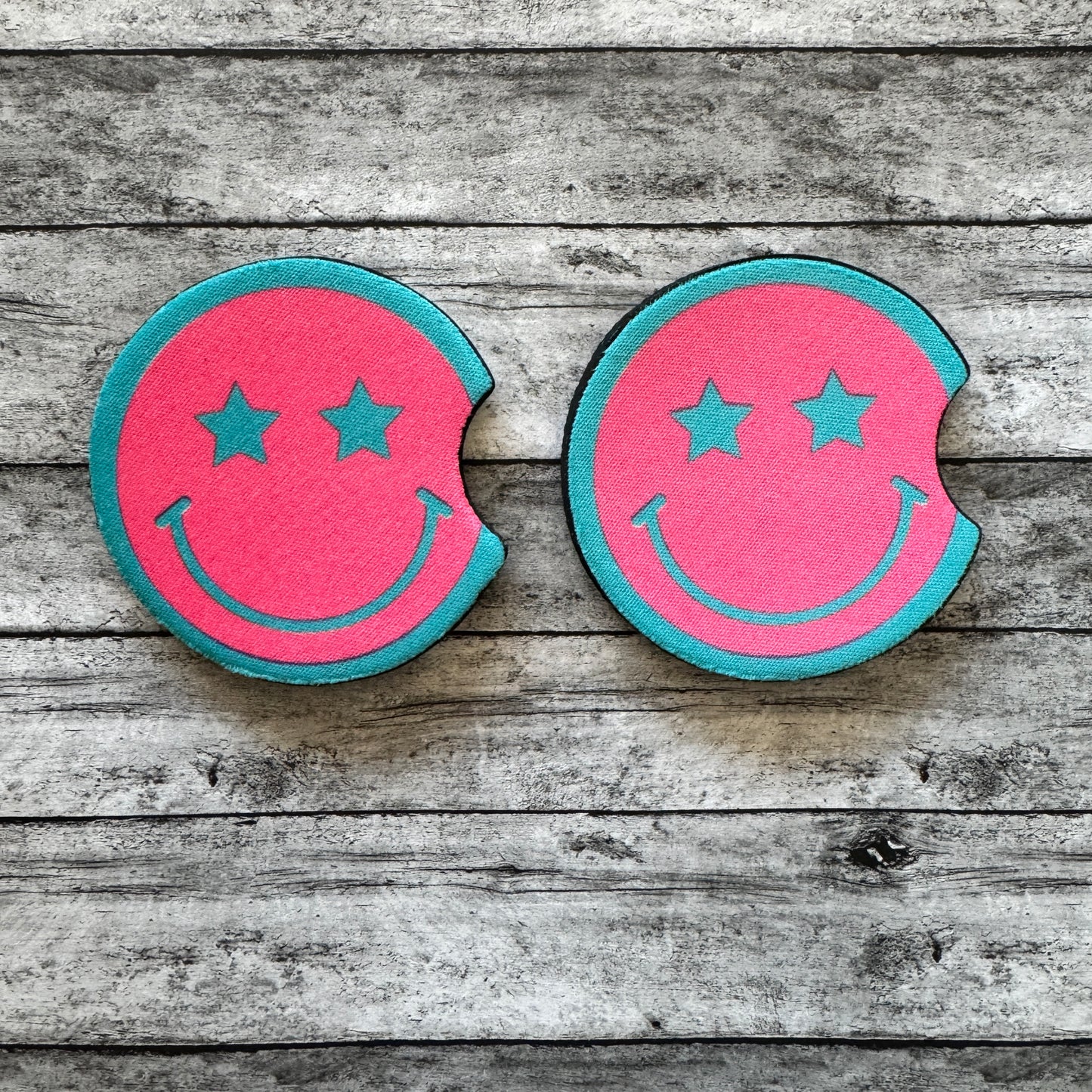 Pink and Teal Smiley Neoprene Car Coaster
