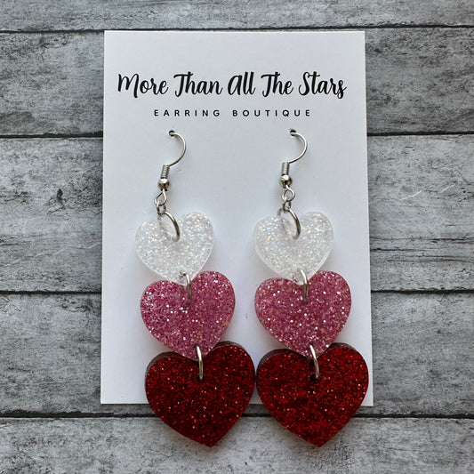 Valentine’s Day Glitter 3 Heart Stack Earrings