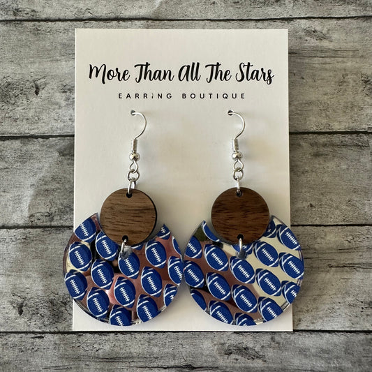 Blue and Silver Football Crescent Circle Earrings