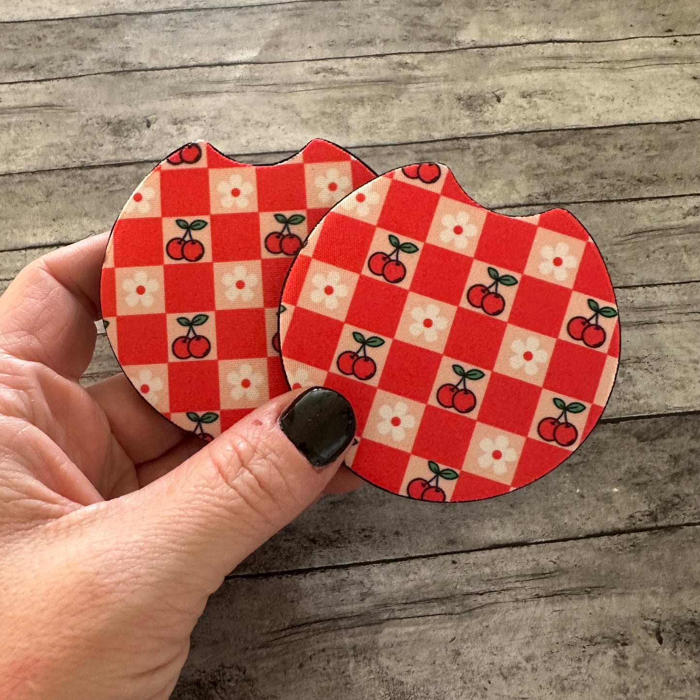 Cherry Checkered Neoprene Car Coaster