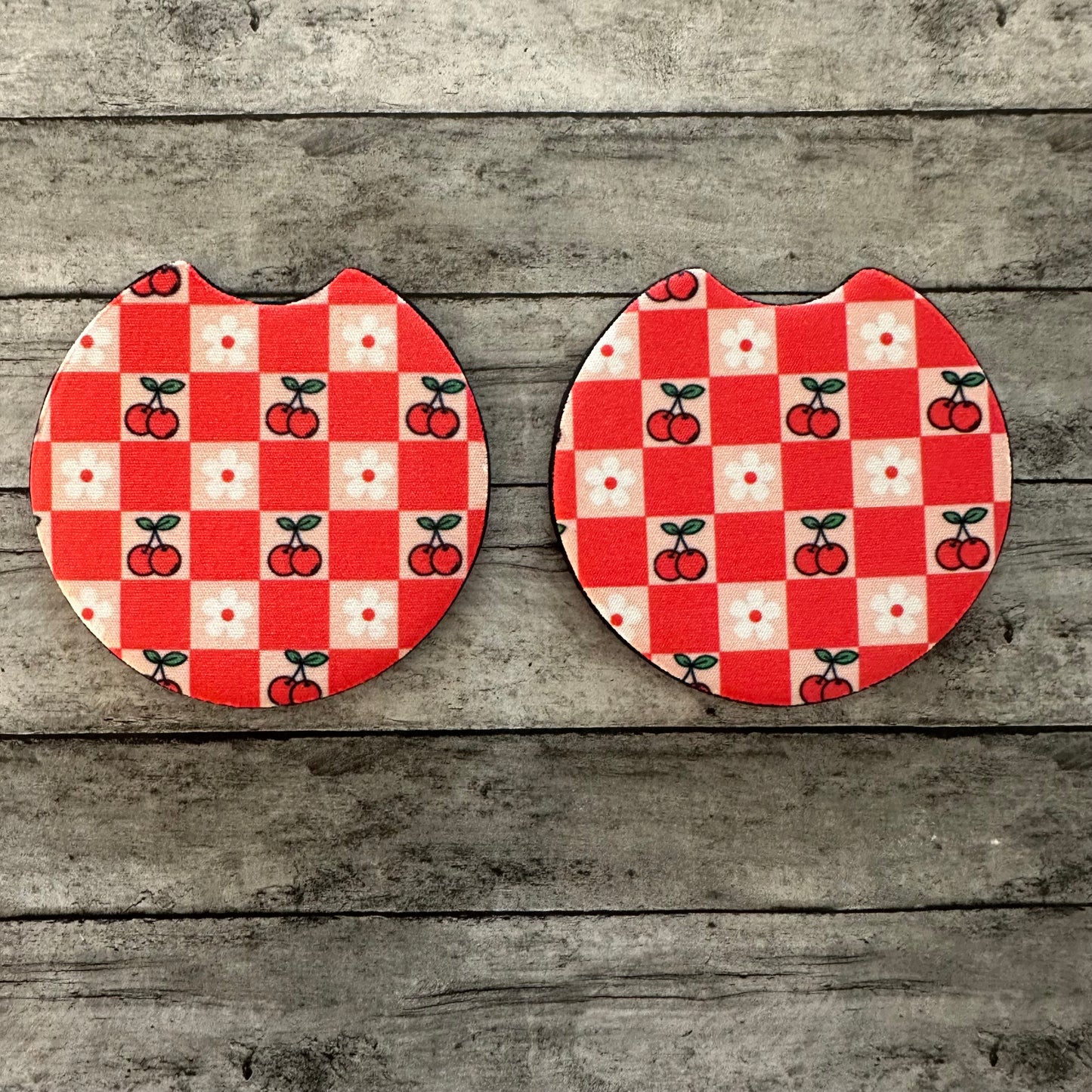 Cherry Checkered Neoprene Car Coaster