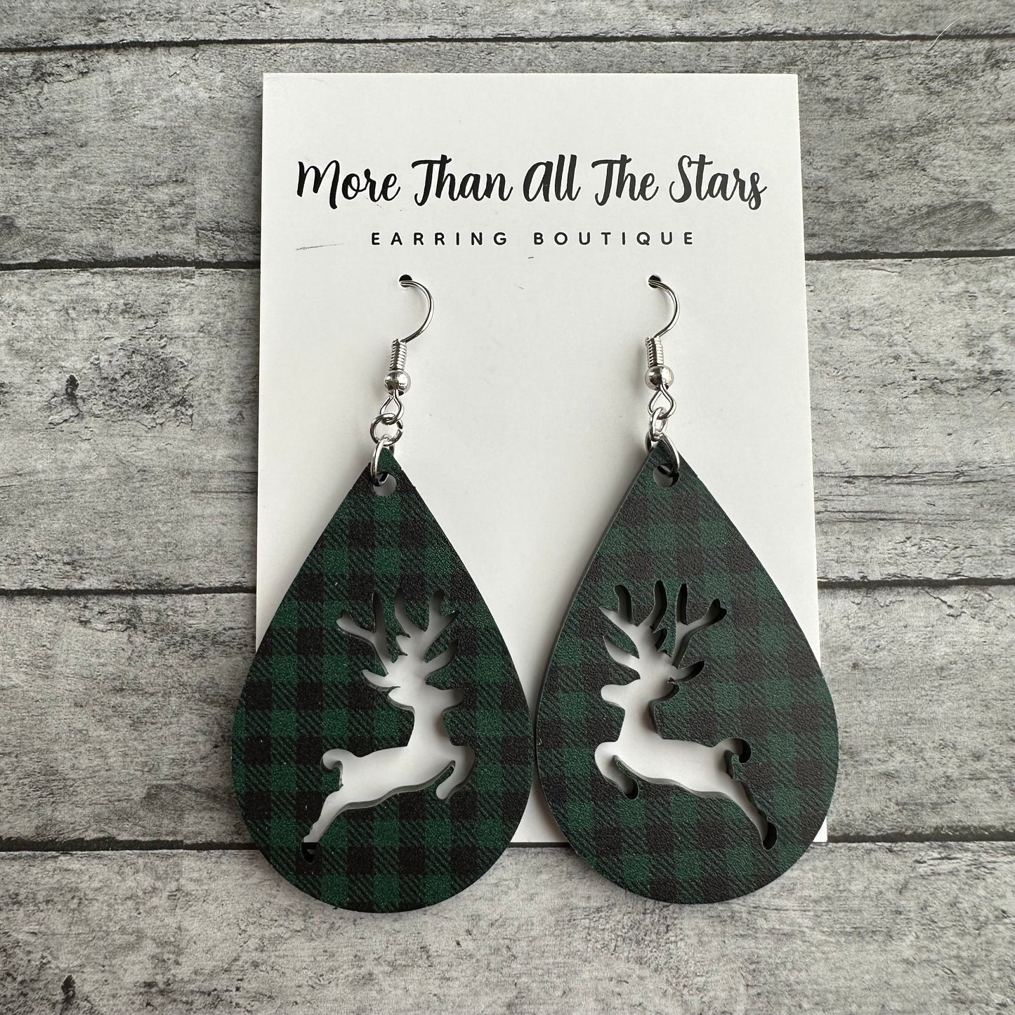 Black and Green Plaid Cutout Reindeer Earrings