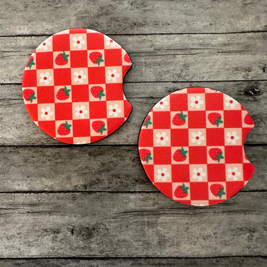 Checkered Strawberry Neoprene Car Coaster
