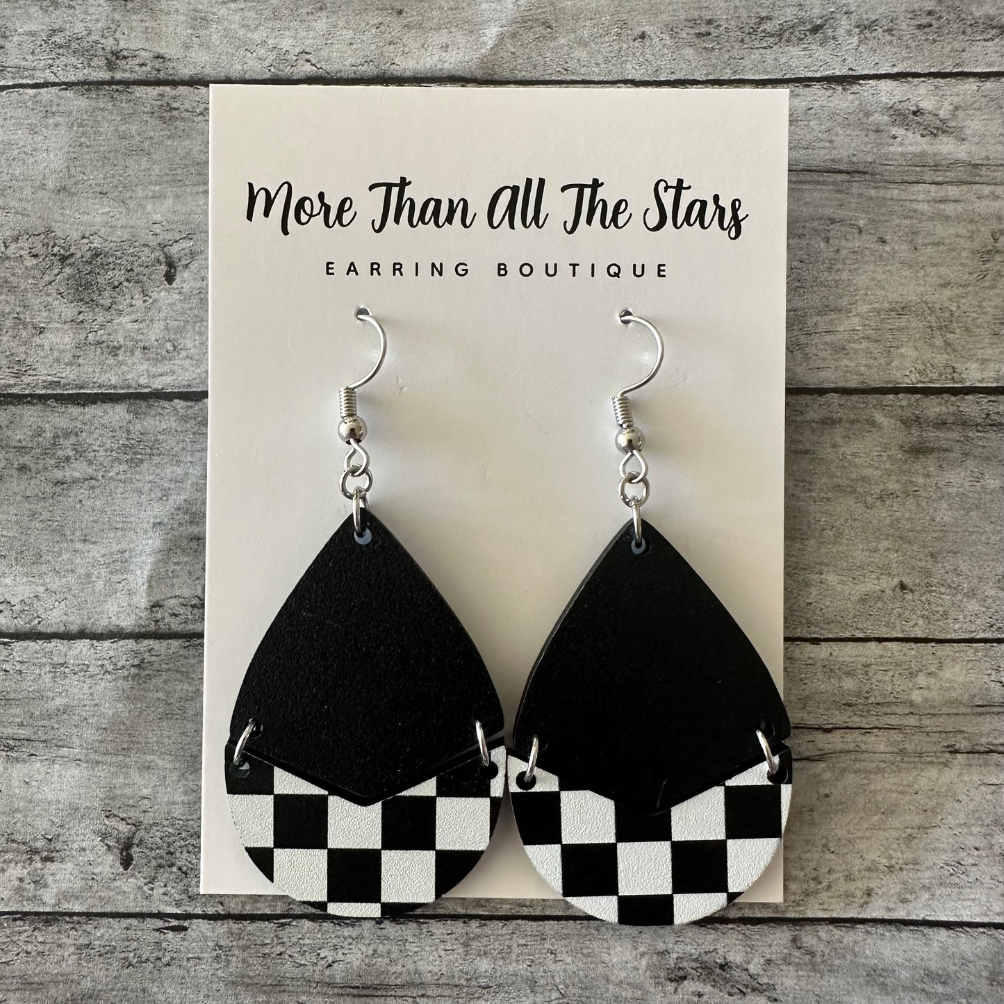 Black and White Checkered Split Teardrop Earrings