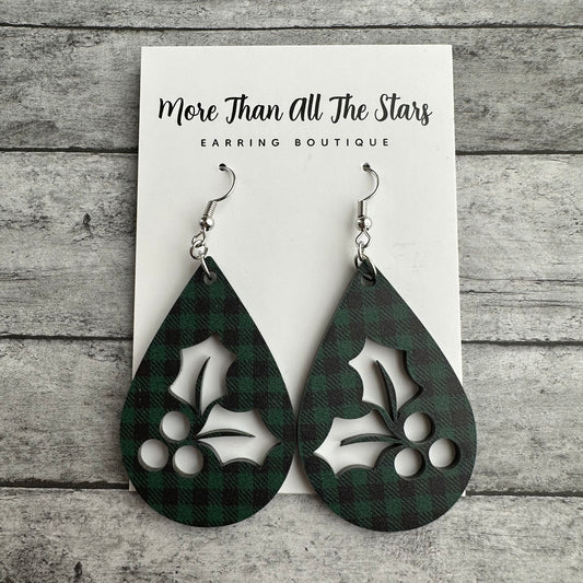 Black and Green Plaid Cutout Holly Leaves Earrings