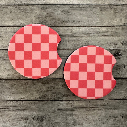 Pink Checkered Neoprene Car Coaster