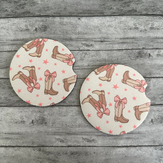 Pink Bow Cowgirl Boots Neoprene Car Coaster