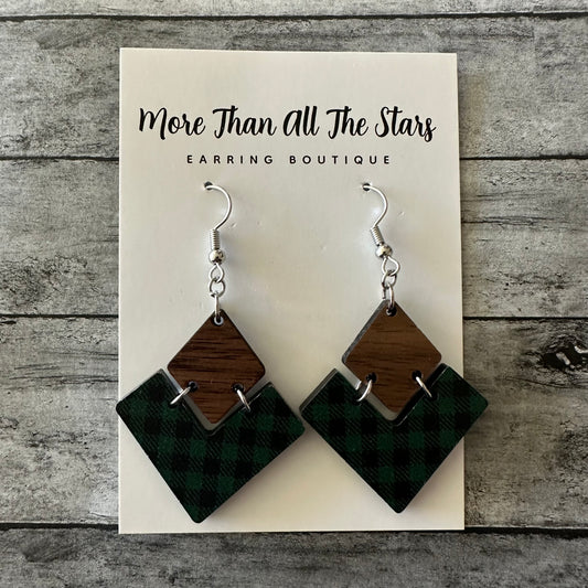 Green and Black Plaid Split Triangle Earrings