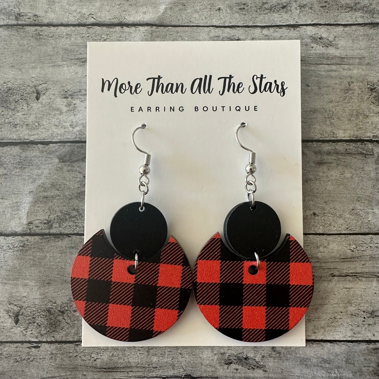 Orange and Black Plaid Crescent Circle Earrings